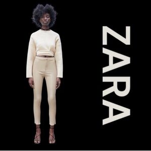 ZARA Vegan Leather Leggings in Ecru Color, Front Zip & Snap, Ankle Zips, Size S.